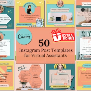 Op de afbeelding: Een collage van 50 Instagram-posttemplates voor virtuele assistenten, met een roze en blauwe kleurschema. De templates bevatten verschillende ontwerpen en tekst, waaronder "Taken om aan uw virtuele assistent toe te wijzen", "Prijs en pakketten" en "Klantfeedback".