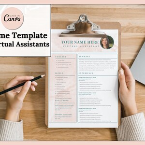 May include: A resume template for virtual assistants with a pink and white marble background. The template includes sections for contact information, summary, skills, experience, and education. The text "YOUR NAME HERE" is at the top of the page.