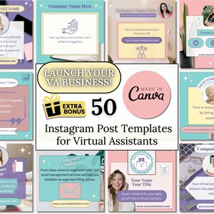 May include: A collection of 50 Instagram post templates for virtual assistants, designed in Canva. The templates feature pastel colors, graphics, and text, promoting virtual assistant services. Includes a bonus offer.