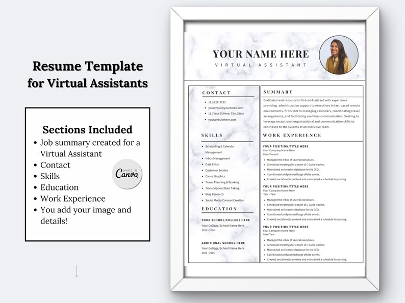 Virtual Assistant Resume Template, Modern Canva Layout (digital ...