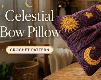 Celestial Bow Pillow Crochet Pattern, Moon Sun Star Cushion PDF, Cottagecore Decor