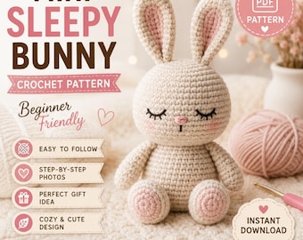 Mini Sleepy Bunny Crochet Pattern, Beginner Amigurumi Tutorial (PDF Download)