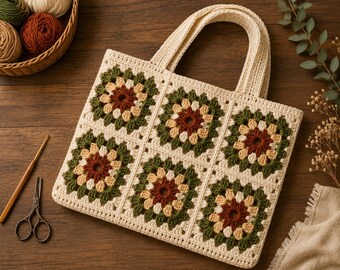 Woodland Granny Square Tote Bag Crochet Pattern PDF, Beginner Friendly Cottagecore Bag