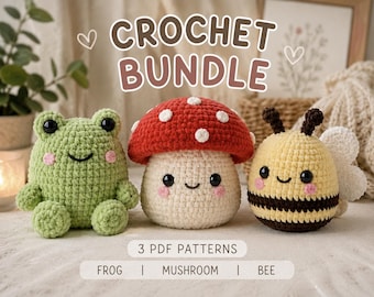 Cozy Crochet Pattern Bundle PDF | Frog, Bee & Mushroom Amigurumi | Beginner Friendly Crochet Patterns