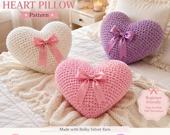 Coquette Heart Pillow Crochet Pattern PDF, Beginner Velvet Cushion, Soft Girl Room Decor