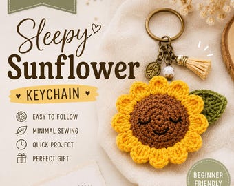 Sleepy Sunflower Crochet Keychain Pattern (PDF Download), Beginner Amigurumi Bag Charm