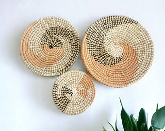 Conjunto de 3 decoración de pared de cesta / arte de pared boho / placas de pared colgantes / decoración de pared de placa de mimbre / decoración de pared boho