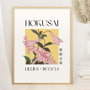 Katsushika Hokusai print | Minimalist wall art | &quot;Lillies&quot; color woodblock poster | Digital download