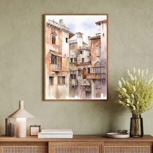 May include: Watercolor painting of a narrow street in a European city. The buildings are painted in shades of brown, beige, and white, with some windows and balconies. The painting has a vintage feel.