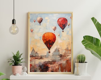Pintura de globo aerostático, arte de aventura en el cielo (descarga digital)