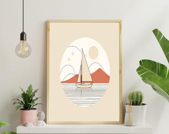 Minimalist Seaboat Line Art Print: Boho Coastal Decor (Digital Download)