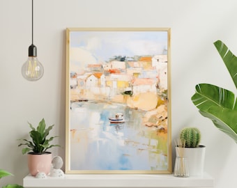 Peinture village côtier méditerranéen, impression numérique abstraite (téléchargement numérique)