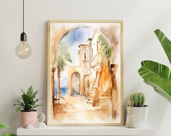 Aquarel mediterraan landschap: kustmuurkunst (afdrukbaar)