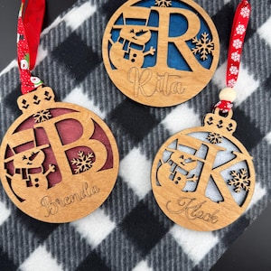 Personalized Wooden Initial and  Name Snowman Christmas Ornament, Custom Laser Cut & Hand-Painted Christmas Ornament w Initial and Name