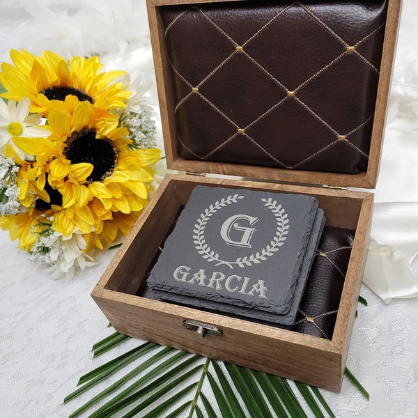 Monogram Coaster Set - Custom laser engraved monogrammed slate coasters with stylish solid wood lined box. High class gift for anyone!