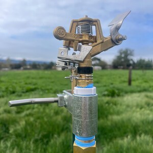 May include: A brass sprinkler head with a metal arm and a blue and white connector. The sprinkler is mounted on a metal pole and is surrounded by green grass.