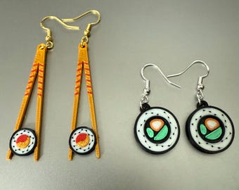 3D Printed Sushi Roll Earrings, Chopsticks, Faux Food Jewelry