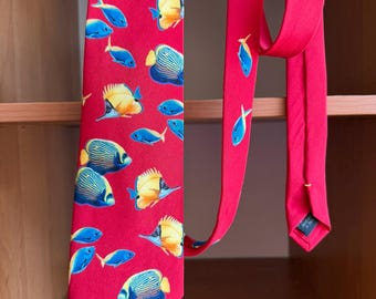 Fabric Frontline Zurich Tropical Fish Print Pure Silk Red Tie