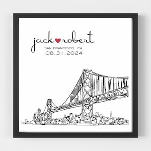 Op de afbeelding: Zwart-witte lijntekening van de Golden Gate Bridge in San Francisco, Californi&euml;. De print bevat de tekst "jack &hearts; robert" en de datum "08.31.2024".