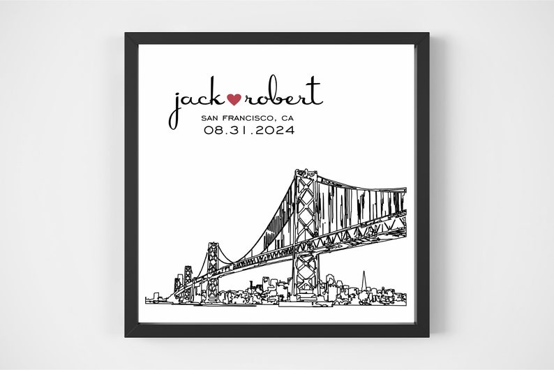 Op de afbeelding: Zwart-witte lijntekening van de Golden Gate Bridge in San Francisco, Californi&euml;. De print bevat de tekst "jack &hearts; robert" en de datum "08.31.2024".