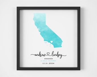 Engagement Map Print Personalized Engagement Gift Watercolor Wedding Map Framed Print Unique Engagement Gift for Couple Engagement Gift