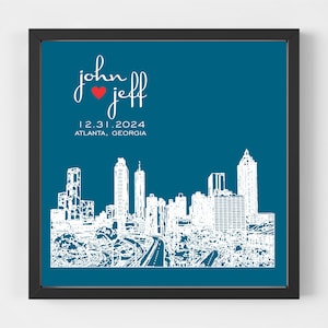 Op de afbeelding: Een tealblauwe achtergrond met een witte omtrek van de skyline van Atlanta. De tekst "john &hearts; jeff" is in wit geschreven met een rood hart. De datum "12.31.2024" en de locatie "Atlanta, Georgia" zijn in wit onder de namen geschreven.