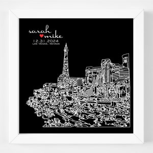 Op de afbeelding: Zwart-witte lijntekening van de skyline van Las Vegas met de tekst "sarah &hearts; mike 12.31.2024 LAS VEGAS, NEVADA" bovenaan.