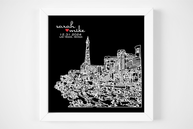 Op de afbeelding: Zwart-witte lijntekening van de skyline van Las Vegas met de tekst "sarah &hearts; mike 12.31.2024 LAS VEGAS, NEVADA" bovenaan.