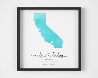 Engagement Map Print Personalized Engagement Gift Watercolor Wedding Map Framed Print Unique Engagement Gift for Couple Engagement Gift