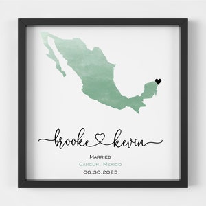 May include: A watercolor map of Mexico with a black heart marking Cancun. The text below reads "brooke & kevin married CANCUN, MEXICO 06.30.2025"