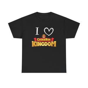 May include: Black t-shirt with the text "I ♥ CookieRun Kingdom" in white. The design includes a heart symbol and the game's logo in gold and red. The shirt is made of a soft, comfortable material.