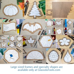May include: A collection of stained glass patterns on brown cardboard. The patterns include a pumpkin, a Christmas tree, a bat, a flower, a dragonfly, a butterfly, a bee, a lily, a maple leaf, a spiderweb, an egg, and a teardrop. The patterns are available at GlassolaTools.com.