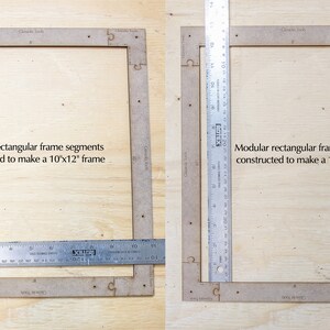 May include: Two brown wooden frame segments with cutouts for joining. The segments are 10 inches by 12 inches and are designed to be used to create a larger frame.