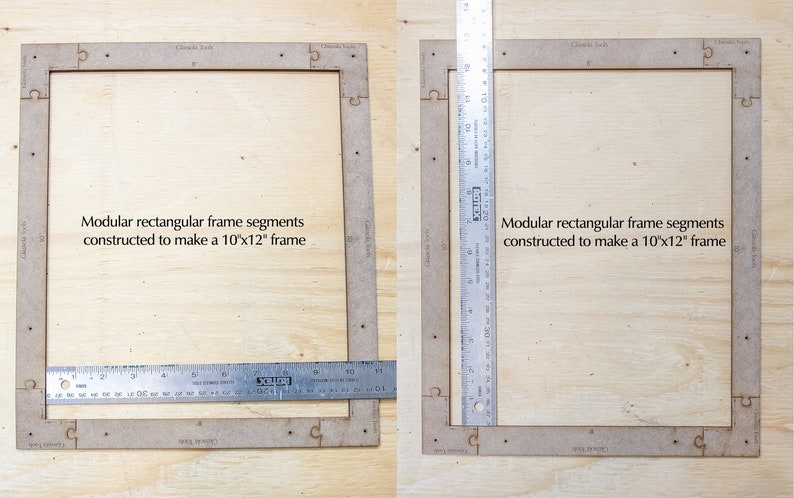 May include: Two brown wooden frame segments with cutouts for joining. The segments are 10 inches by 12 inches and are designed to be used to create a larger frame.