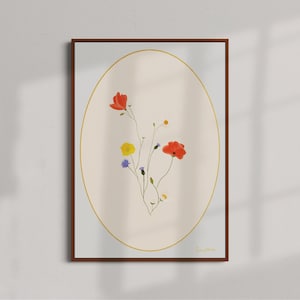 Lámina artística de flores silvestres, póster de margaritas, con un bonito estampado floral en azul bebé y rojo, estilo cottagecore, 40 x 50 cm, A5, A4 y A3. "Flores silvestres".