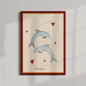 I Delfini - poster con delfini rossi e blu. Vita marina, acquatica, pesci. Kitsch e favoloso. Disponibile nei formati A5, A4, A3 e 50 x 70 cm.