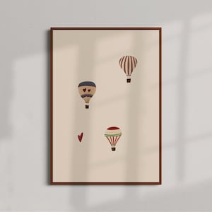 Mongolfiere - Poster vintage di ispirazione folk. Grazioso motivo a cuore. Rosso, blu, verde e oro - Stampa artistica giclée A5, A4, A3, 50 x 70 cm