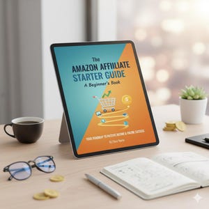 May include: A tablet showing "The Amazon Affiliate Starter Guide" with a shopping cart graphic. The tablet is on a stand on a wooden desk, with a coffee cup, glasses, coins, and a notebook. The book is for beginners.
