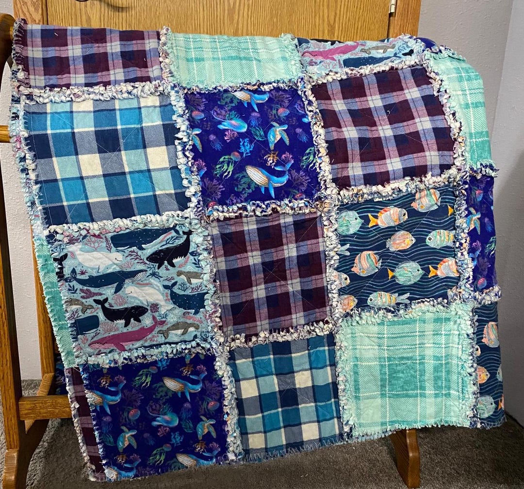 Fish Rag Quilt Handmade Rag Extra Large Lap Quilt-ocean Whales / Fish Quilt - Etsy