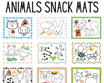 以下が含まれることがあります： 動物の形をしたカラフルなスナックマット9枚セット。猫、犬、ウサギ、ハムスター、鳥、リス、カエル、アヒル、ヘビ、トカゲ、ミツバチ、アリ、牛、馬、豚、鶏、ヤギ、羊など、白黒の動物のイラストが描かれています。マットは、スナックを収納し、食事時間に楽しい雰囲気を加えるのに最適です。