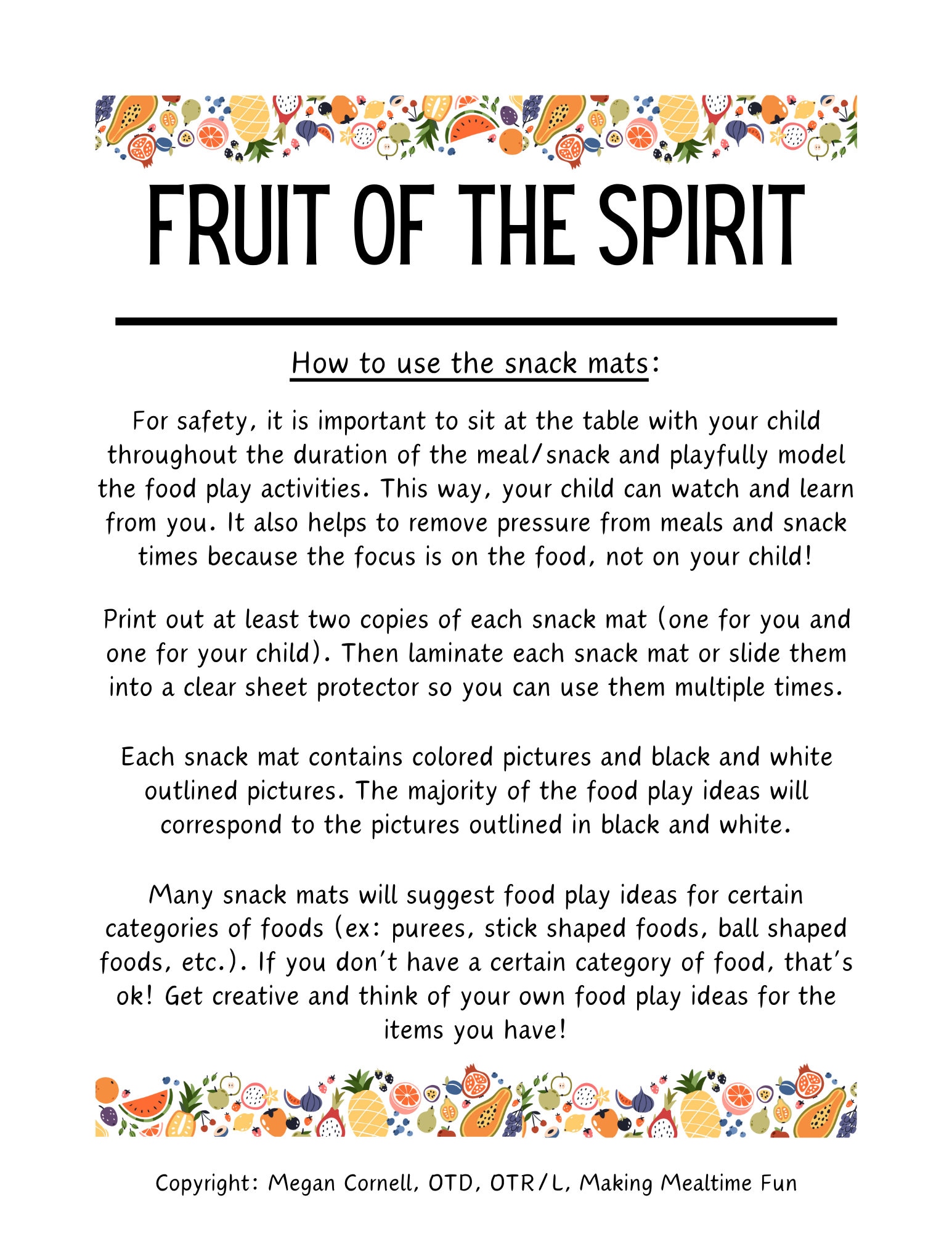 Fruit of the Spirit Snack Mats, Printable Placemats for Picky Eaters, Making Mealtime Fun ...