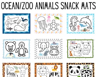 以下が含まれることがあります： 様々な海の動物と動物園の動物が描かれた、白黒の印刷可能なスナックマット9枚。マットには、サメ、クジラ、クラゲ、カメ、タツノオトシゴ、イルカ、ホッキョクグマ、ペンギン、ゾウ、カバ、コアラ、カンガルー、シマウマ、キリン、ライオン、トラ、パンダ、ヒョウが描かれています。