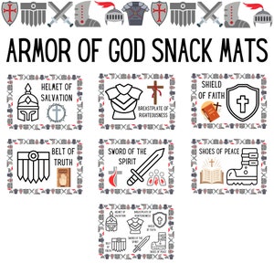 Op de afbeelding: Een set van zes kleurrijke snackmatten met het thema 'De wapenrusting van God'. Elke mat heeft een ander deel van de wapenrusting, waaronder de helm van de zaligheid, het borstpantser van de gerechtigheid, het schild van het geloof, het zwaard van de Geest, de gordel van de waarheid en de schoenen van de vrede.