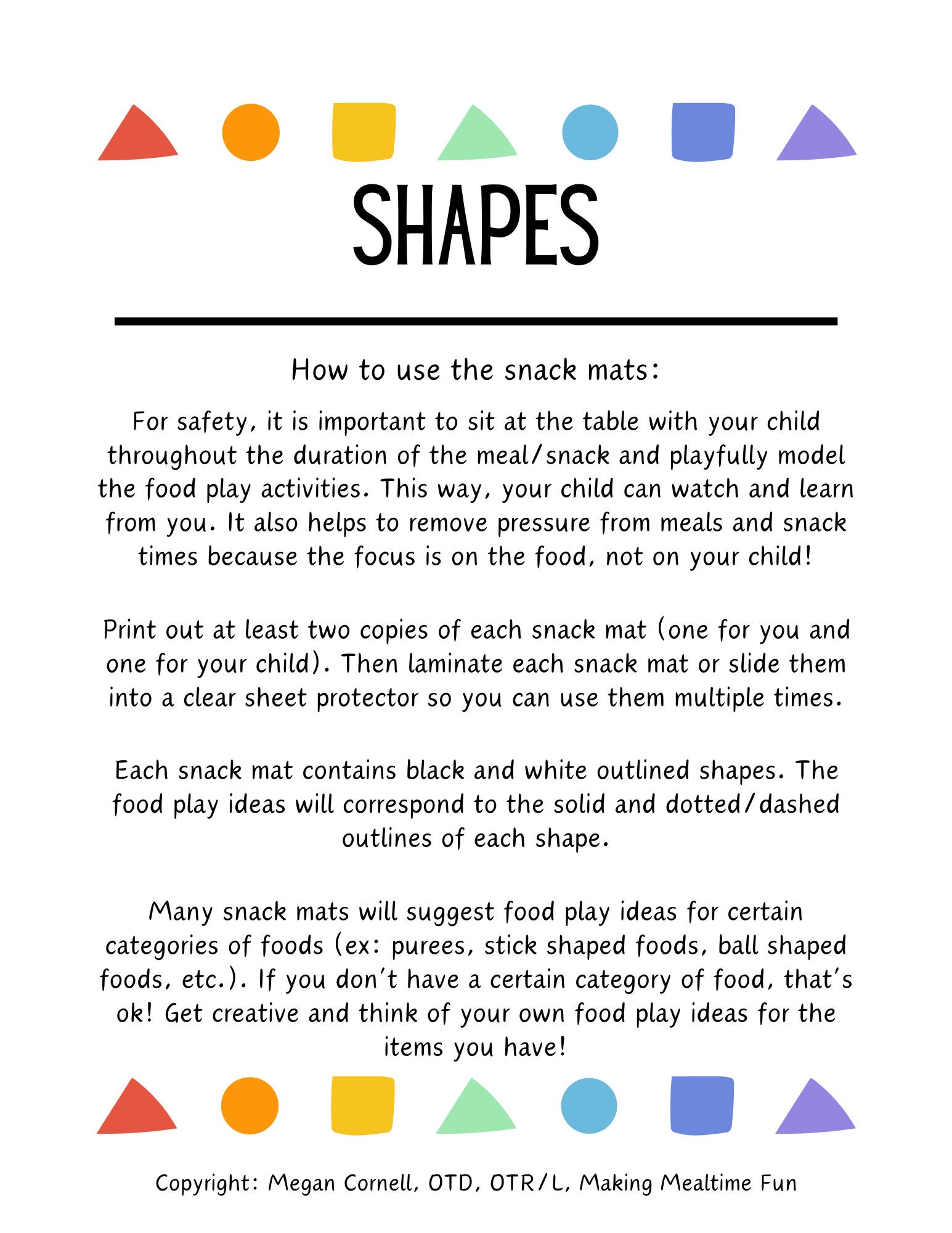 Shapes Snack Mats, Printable Placemats for Picky Eaters, Making Mealtime Fun, Parents, Teachers ...