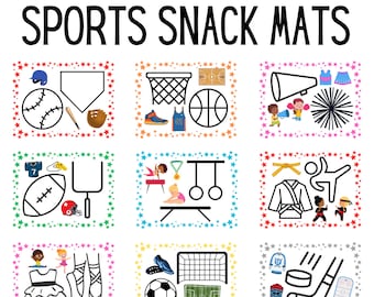 Könnte beinhalten: Neun bunte Snack-Untersetzer mit verschiedenen Sportmotiven. Jeder Untersetzer zeigt eine schwarz-weiße Umrandung einer Sportart, wie Baseball, Basketball, Gymnastik, Karate, Fußball und Hockey. Die Untersetzer sind von einem Rand mit weißen Sternen umgeben.