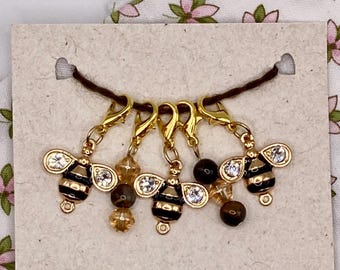 Bumble bee stitch markers, small stitch marker set, beaded progress keepers, removable markers, knitting markers, crochet stitch markers