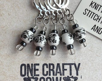 Pretty floral stitch markers, beaded stitch markers, closed ring markers, crochet markers, knitting progress keepers, set of five markers