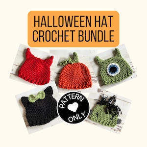 Halloween hat PATTERN, crocheted cat beanie, devil hat pdf pattern, baby pumpkin costume, crochet monster digital download, baby hat bundle