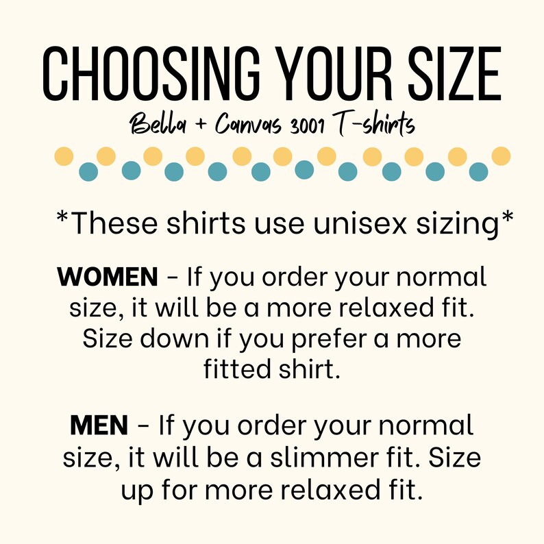 May include: A graphic with the text "CHOOSING YOUR SIZE" and "Bella + Canvas 3001 T-shirts". The graphic explains how unisex sizing works for women and men.