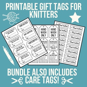 Puede incluir: Etiquetas de regalo imprimibles para tejedoras con varios diseños, incluyendo "Knitastic!" y "Knit Happens". El paquete también incluye etiquetas de cuidado con instrucciones para artículos tejidos a mano.